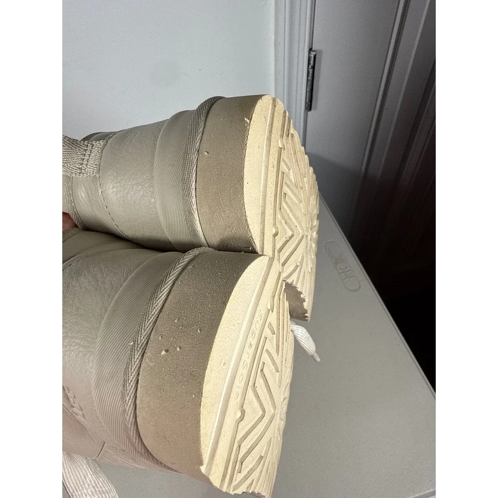 UGG Neumel High Heritage Cream Pebbled Leather Ribbon Lace Boots Men 10 Women 11